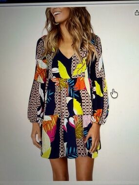 V-Neck Long Sleeve Tunic Dress in Navy Multi Floral Print Small